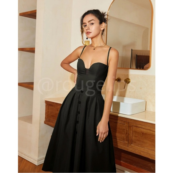 Black Midi Dress Flared Skirt Fitted Bustier Sweetheart Mesh Neckline Cami - Picture 3 of 15